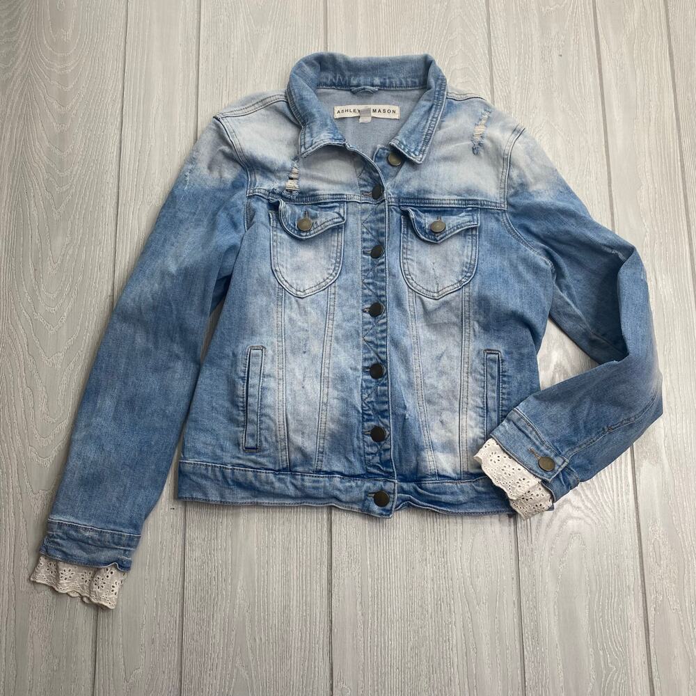 Ashley Mason Denim Blue Jean Jacket With Lace Accents Size XL
